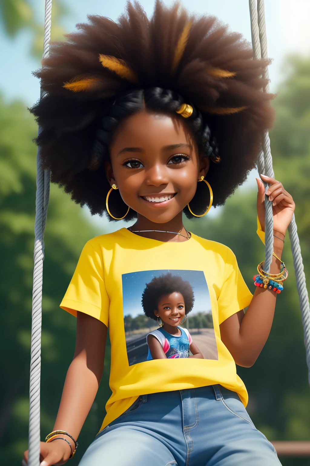 realism portrait of a 3 year old girl ((dark skin color)) cute, afro-futuristic, cute smile, ((on a swing)), wearing colorful T-shirt and jeans, current fashion, long hair tied up, ((bracelet , earrings)), background dark lighting, close-up, product view, detailed facial details, perfect face, sharpness, trend art, sharp facial details, cgsociety, ultra high quality digital art, hyper exquisite details, 4k, 8k lighting smooth, --iso 100 dreamy, fashion -