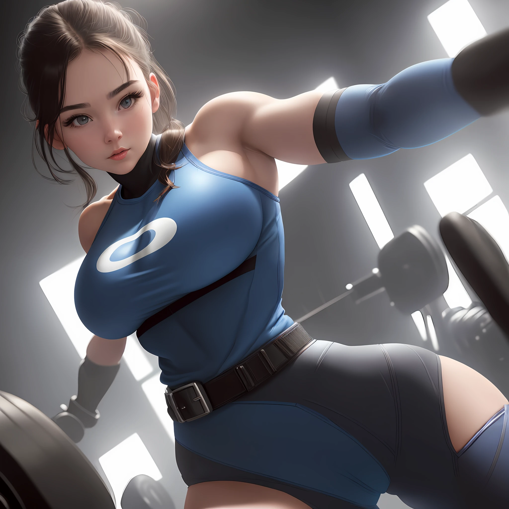 1 superhero girl, wear black_bodysuit, blue_briefs, blue_gloves, blue_boots, white_belt, taking a selfie, back view, good hand,4k, high-res, masterpiece, best quality, head:1.3,((Hasselblad photography)), finely detailed skin, sharp focus, (cinematic lighting), night, soft lighting, dynamic angle, [:(detailed face:1.2):0.2], big breasts,(((inside gym))), outside,