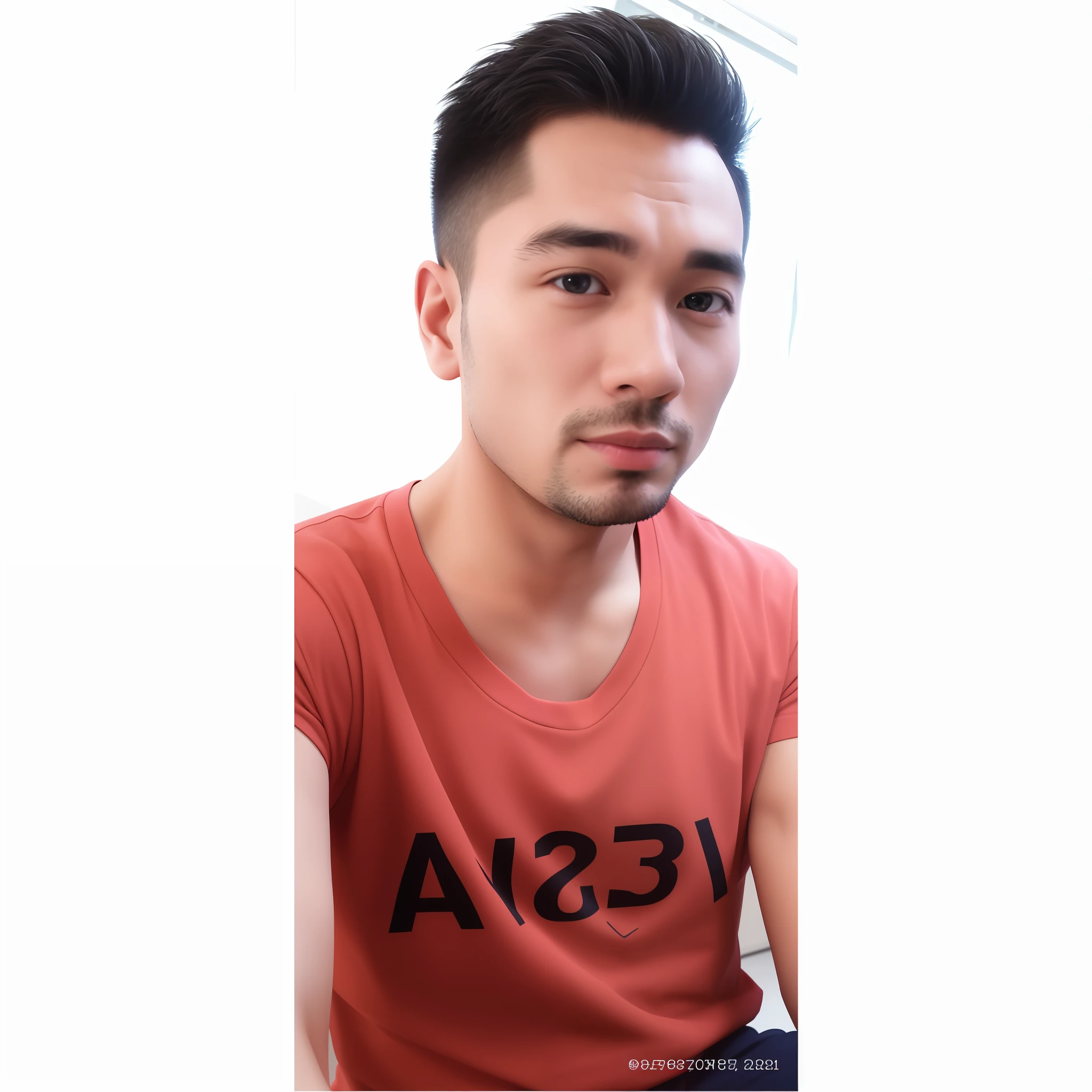 there is a man with a red shirt sitting down and looking at the camera, 2 7 years old, 2 8 years old, 2 3 years old, 2 9 years old, 2 2 years old, 2 4 years old, 21 years old, 2 5 years old, 25 years old, 3 2 years old, asian male, (38 years old)