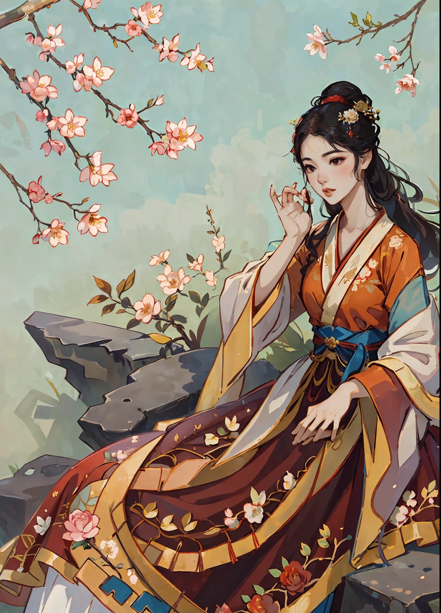 A beautiful girl in ancient China, rose red dress, sitting on a big stone, plum blossoms falling, sunlight, clear face, masterpiece, super detailed, epic composition, high quality, highest quality, 4k --v 6