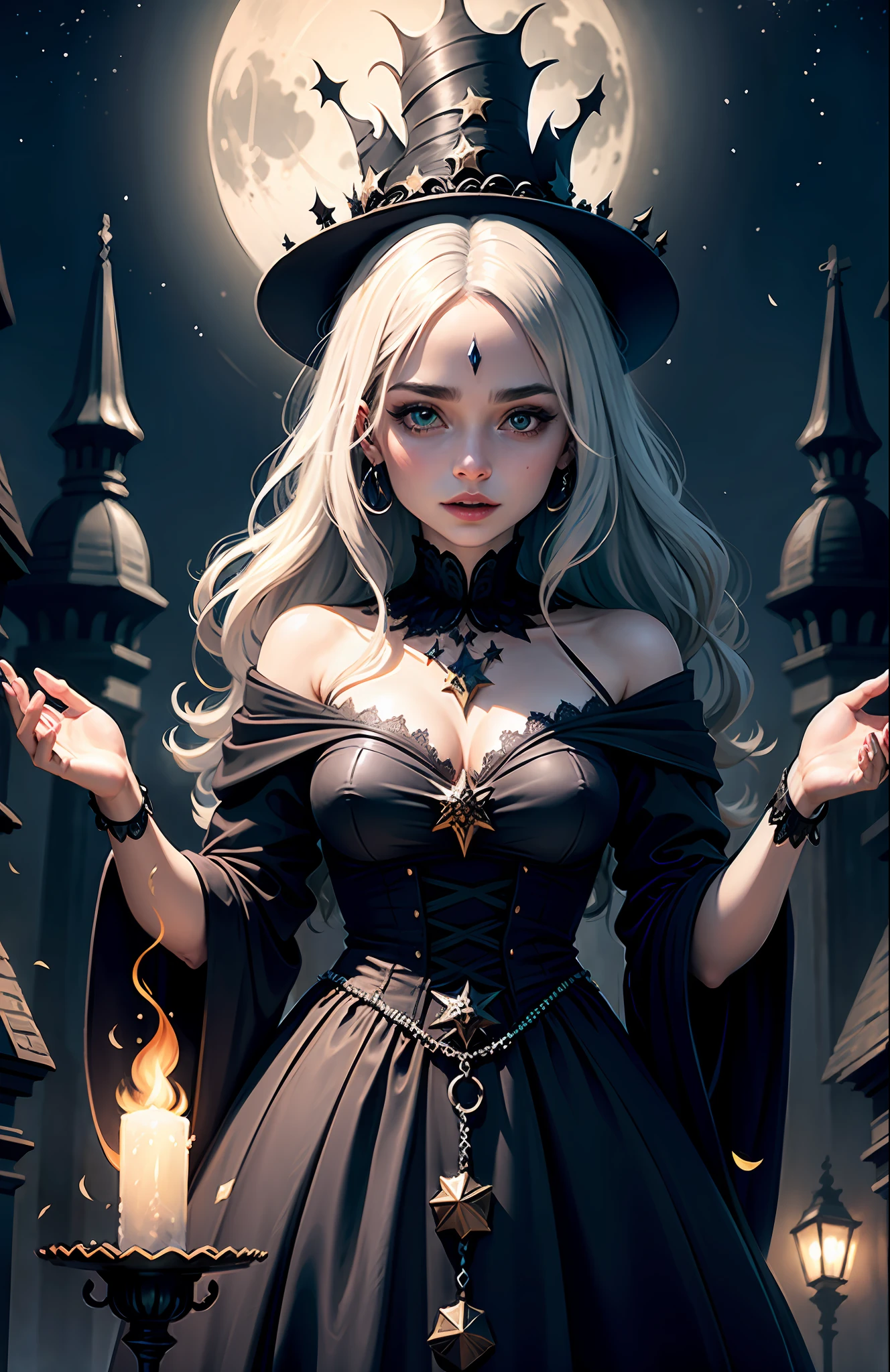 A witch with a crown, dark scene, full moon, stars, magic, crystals, perfect dress, powers