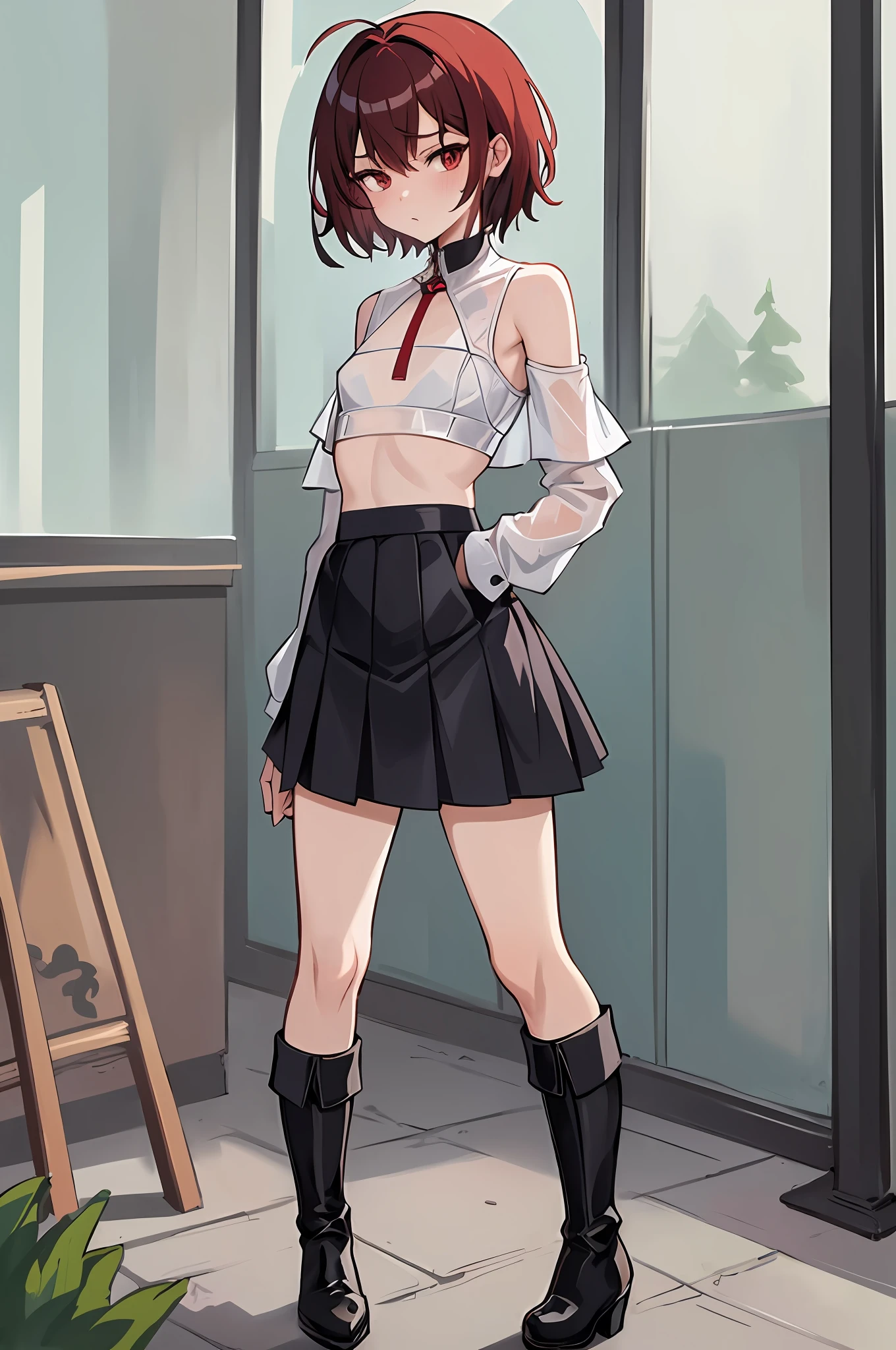 (masterpiece:1.2), (best quality:1.2), li, full body, small chest, big ass, (short, tight-fitting skirt), almost see-through wet top, boots, serious face, short hair, red hair , (pixv artstyle), (detailed masterpiece)