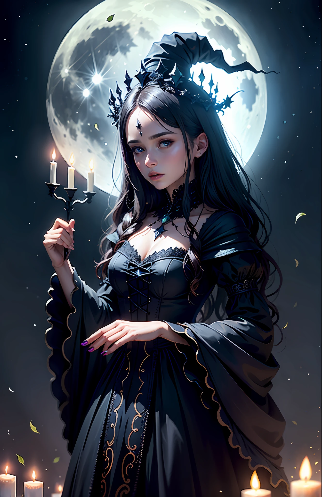 A witch with a crown, dark scene, full moon, stars, magic, crystals, perfect dress, powers, flowers, leaves
