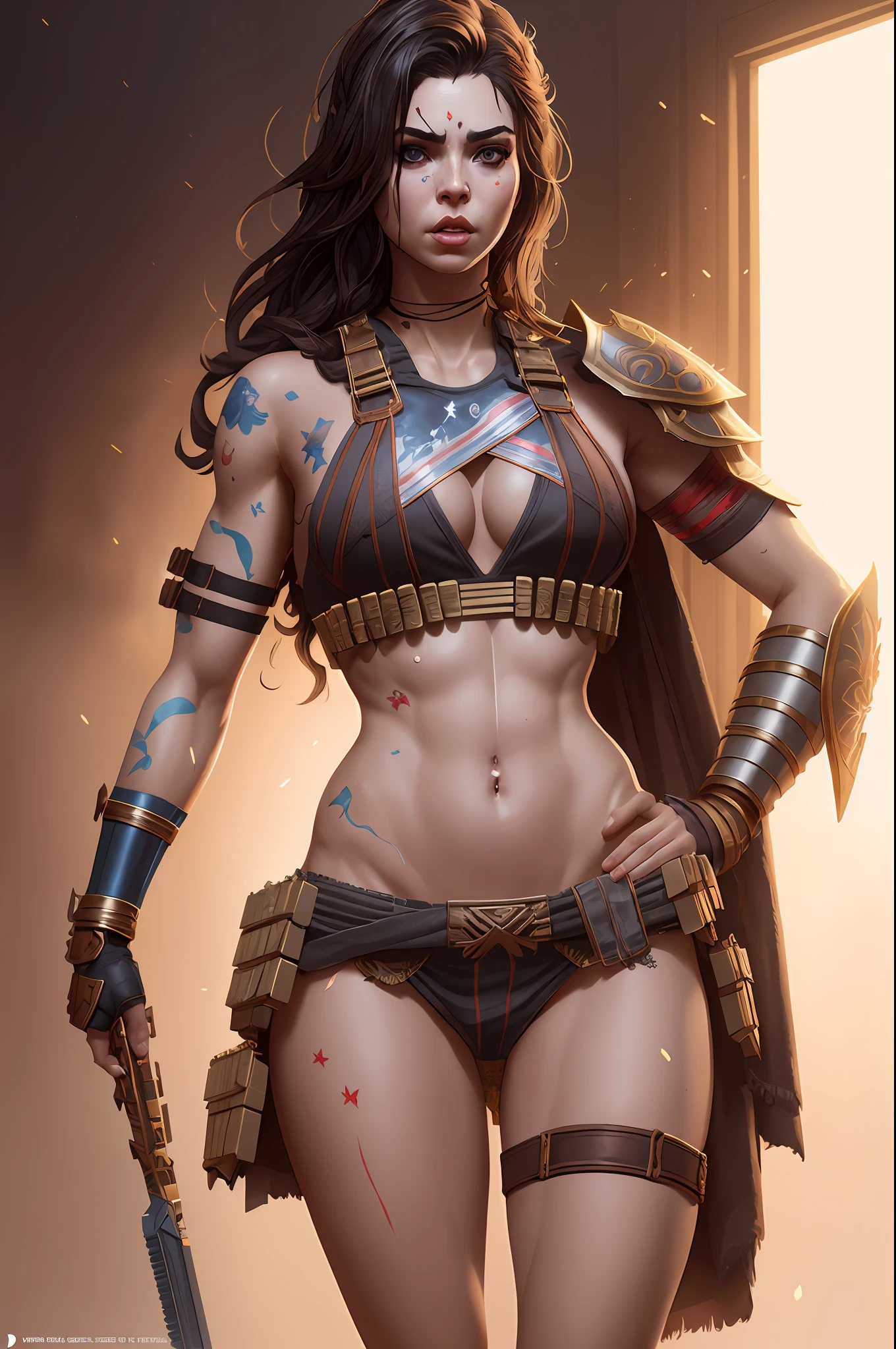 a warrior woman in underwear by sandra chevrier, greg rutkowski and wlop, high key lighting, volumetric light, digital art, highly detailed, fine detail, intricate, ornate, complex, octane render, unreal engine, photorealistic