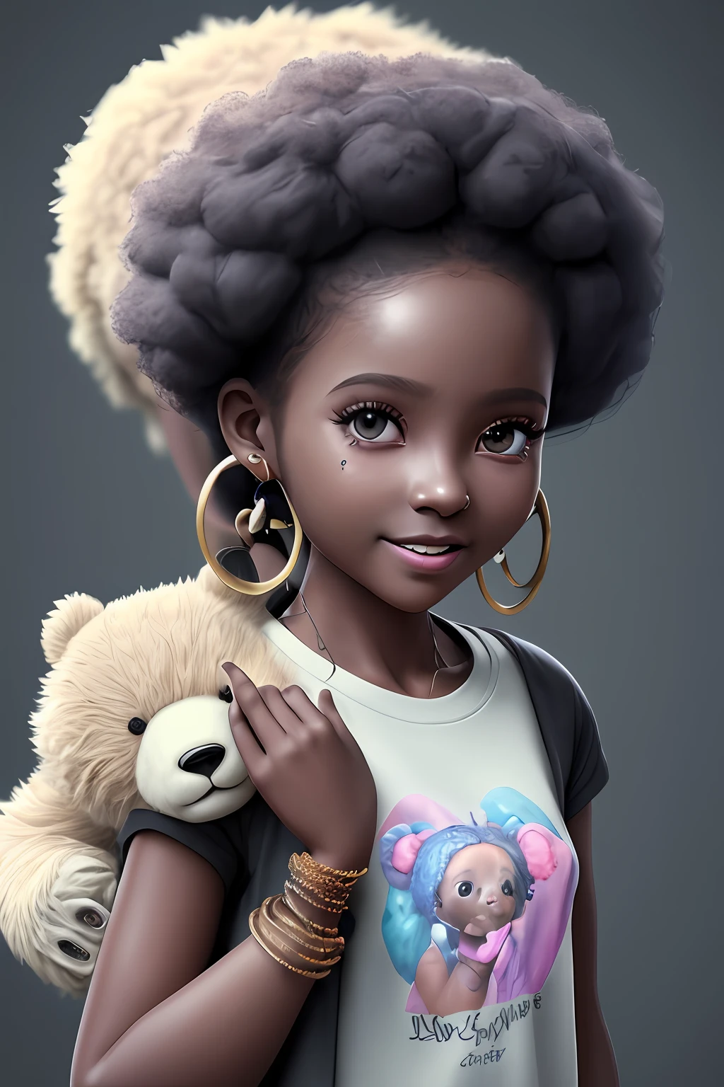 realism portrait of a 3 girl ((dark skin color)) cute, afro-futuristic, chibi, cute smile, ((holding a bear)), wearing T-shirt and jeans, current fashion, long hair tied up, ( (bracelet, earrings)), background dark lighting, close-up, product view, detailed facial details, perfect face, sharpness, trend art, sharp facial details, cgsociety, ultra high quality digital art, hyper exquisite details, 4k, 8k soft lighting, --iso 100 dreamy, fashion -