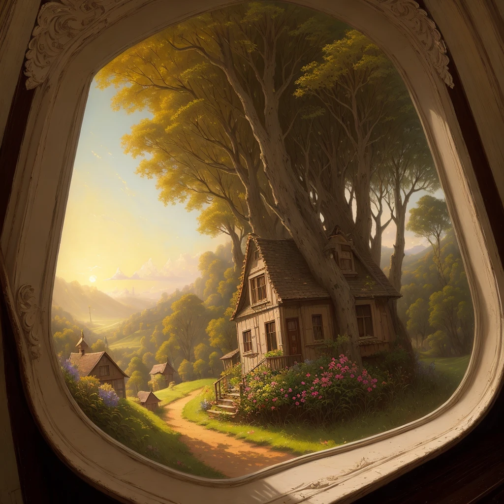 painting of a house in a window with a view of a country road, inspired by Carl Spitzweg, magical realism style, inspired by Vladimir Kush, inspired by Evgeny Lushpin, inspired by Johannes Helgeson, beautiful 3 d concept art, inspired by Brian Despain, magic realism matte painting, illustration matte painting, whimsical fantasy landscape art