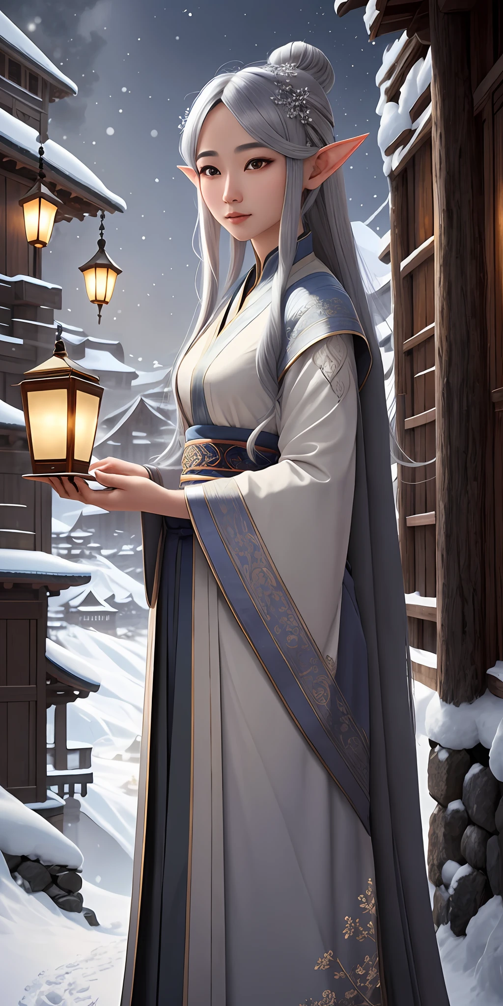 an elf with a detailed and meticulous illustration of a Wlop, Asian origin, blue-gray hair, large and bright eyes, delicate facial, traditional oriental clothing, floating within a dreamlike atmosphere, in the background a scenery wrapped in a lot of snow, cinematic lighting and soft.