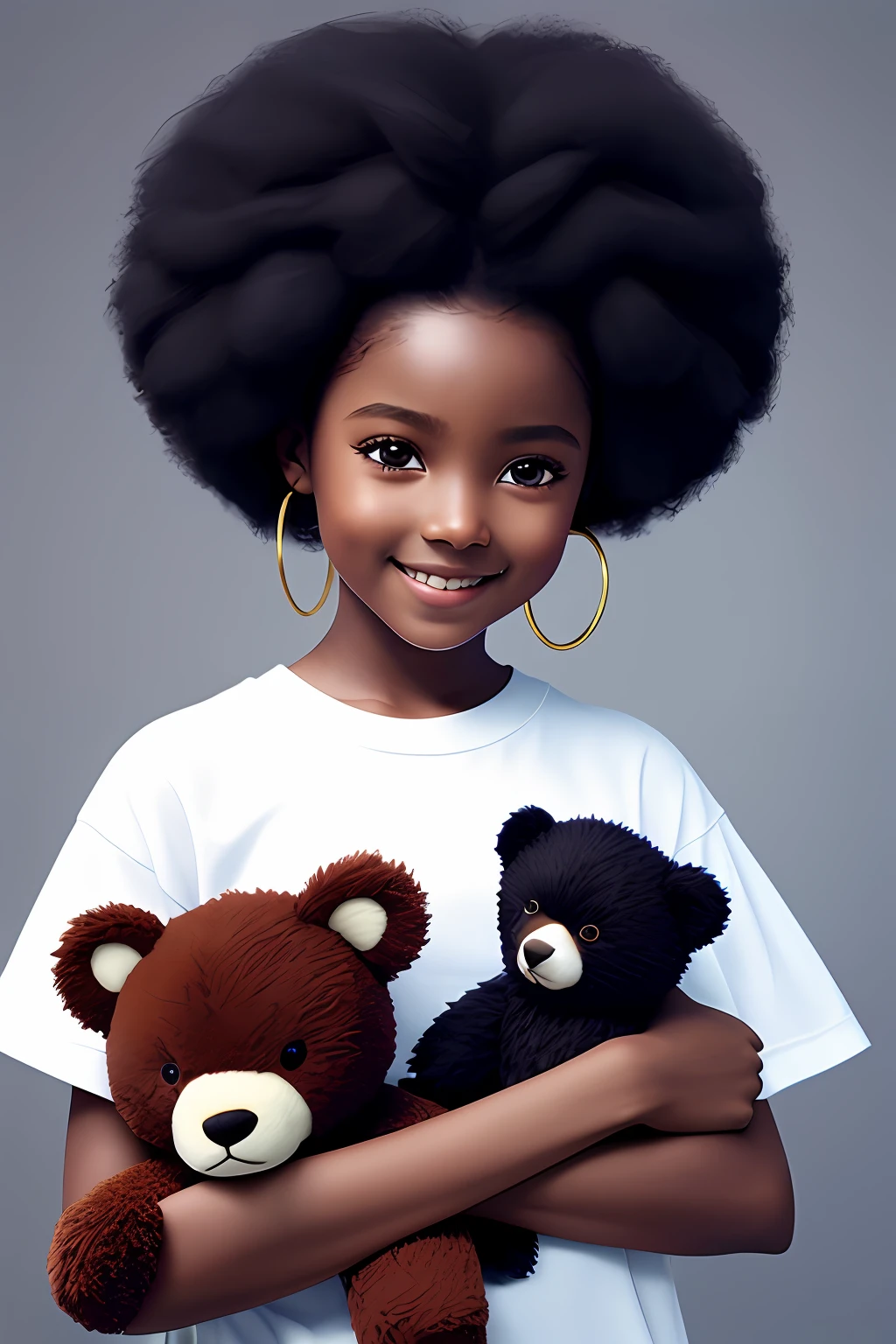 realism portrait of a 3 year old girl ((dark skin color)) cute, afro-futuristic, chibi, cute smile, ((holding a bear)), wearing T-shirt and jeans, current fashion, long hair tied up, ( (kanekalon)), background dark lighting, close-up, product view, detailed facial details, perfect face, sharpness, trend art, sharp facial details, cgsociety, ultra high quality digital art, exquisite hyper details, 4k, 8k lighting smooth, --iso 100 dreamy, fashion -
