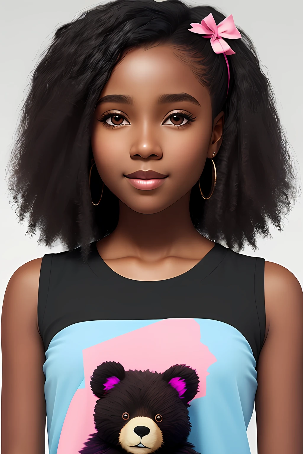 realism portrait of a 3 year old girl ((dark skin color)) cute, afro-futuristic, chibi, cute smile, ((holding a bear)), wearing T-shirt and jeans, current fashion, long hair tied up, ( (kanekalon)), background dark lighting, close-up, product view, detailed facial details, perfect face, sharpness, trend art, sharp facial details, cgsociety, ultra high quality digital art, exquisite hyper details, 4k, 8k lighting smooth, --iso 100 dreamy, fashion -