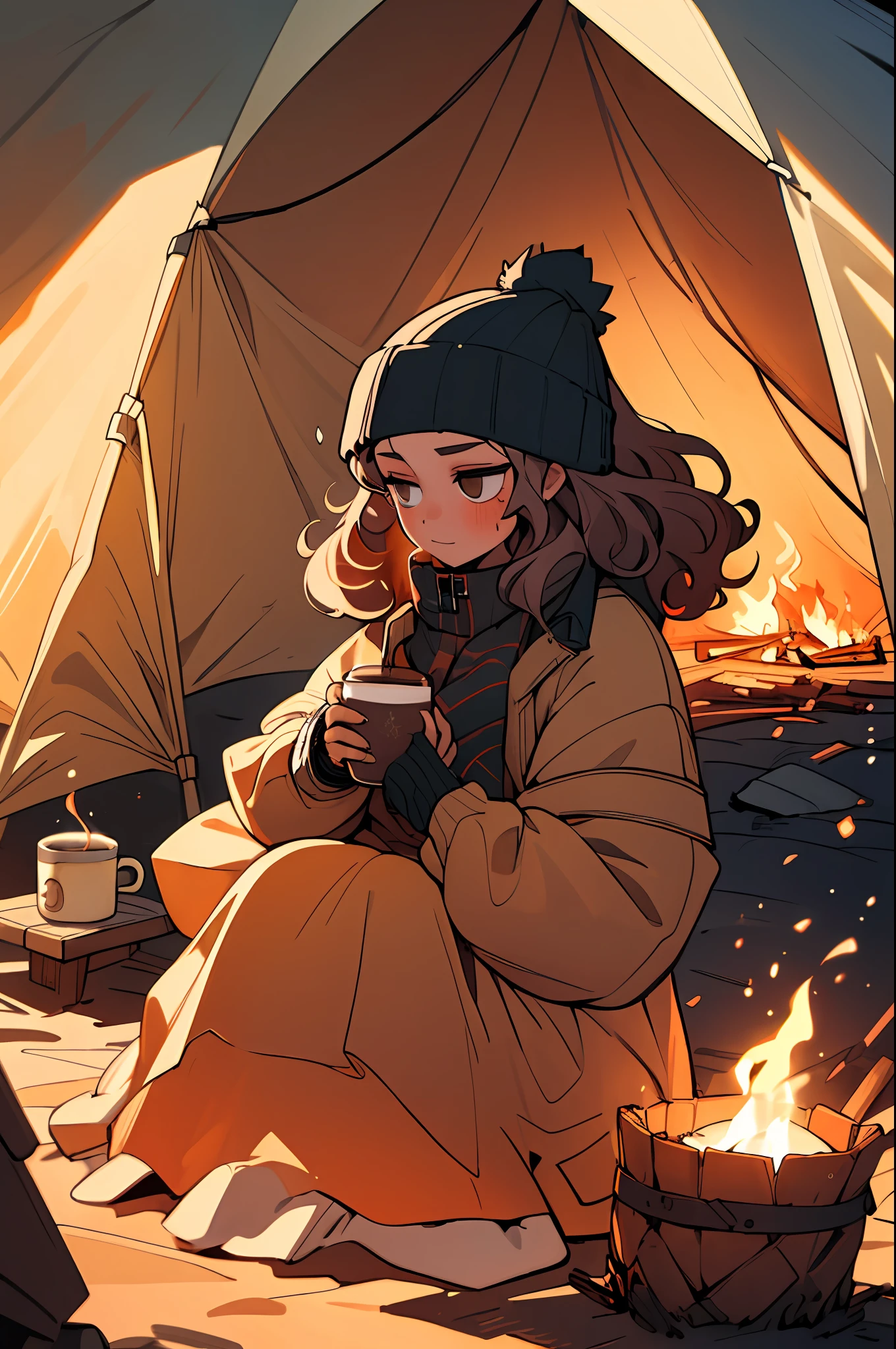 (best quality, masterpiece), 1girl, beanie, jacket, winter, curly hair, wavy hair, tent, hot coffee, bonfire