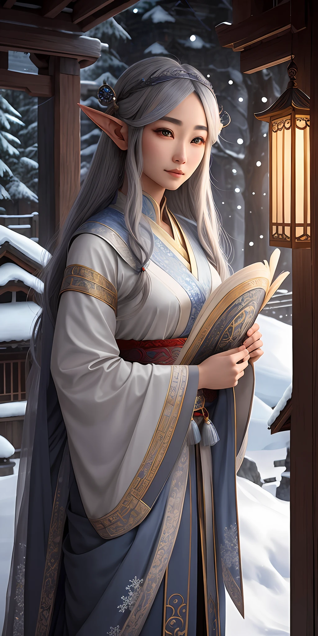 an elf with a detailed and meticulous illustration of a Wlop, Asian origin, blue-gray hair, large and bright eyes, delicate facial, traditional oriental clothing, floating within a dreamlike atmosphere, in the background a scenery wrapped in a lot of snow, cinematic lighting and soft.