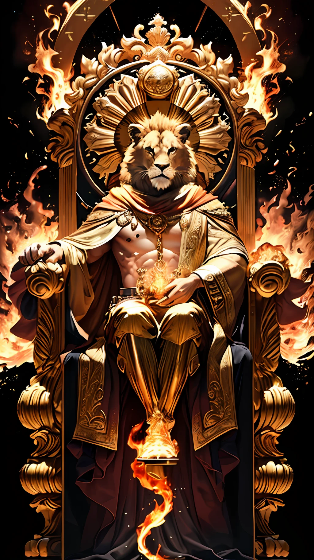 An royale King Lion full boby, background galaxy, magic 3D, full resolution style RTX with flaming eyes sitting on a throne, captured through Photography with a 35mm lens. Inspired by the artistry of National Geographic photographers, the scene portrays the majestic lion, regal and powerful. The color temperature is warm, with golden hues highlighting the lion's magnificence. The lion's eyes burn with intense flames, emanating a sense of authority and dominance. The lighting casts dramatic shadows, creating a captivating atmosphere, symmetrical, full boby, big angle, rtx, bobybuilder