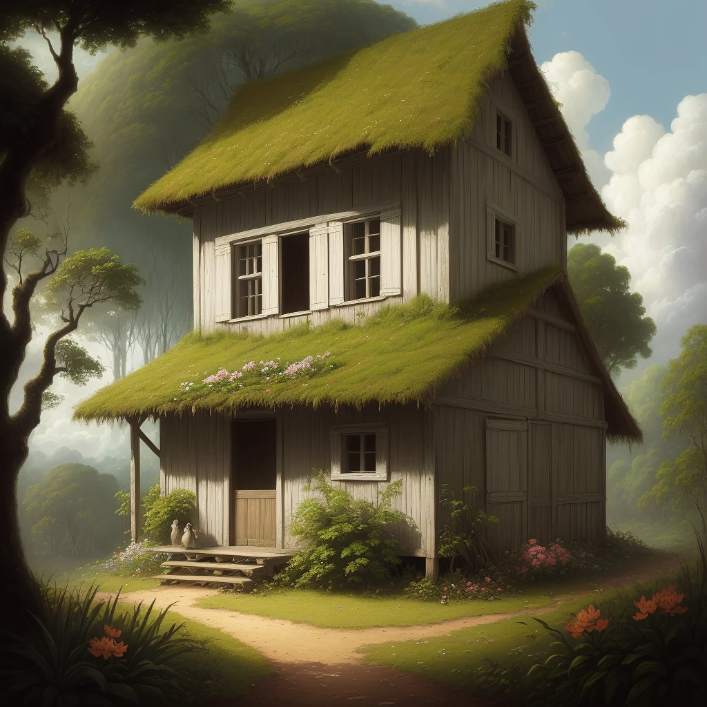 Masterpiece, best quality, (in the style of Jean-François Millet) There is an old white house, small wooden house in the middle of the Amazon rainforest, seen from afar, birds, flowers, forest, oil painting, cloudy