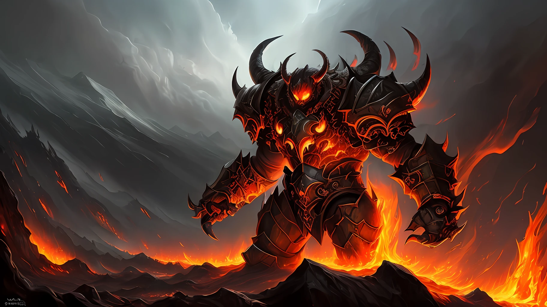 Inferno demon lord of torment in heavy molten armor, artstation hall of fame gallery, editors choice, #1 digital painting of all time, most beautiful image ever created, emotionally evocative, greatest art ever made, lifetime achievement magnum opus masterpiece, the most amazing breathtaking image with the deepest message ever painted, a thing of beauty beyond imagination or words