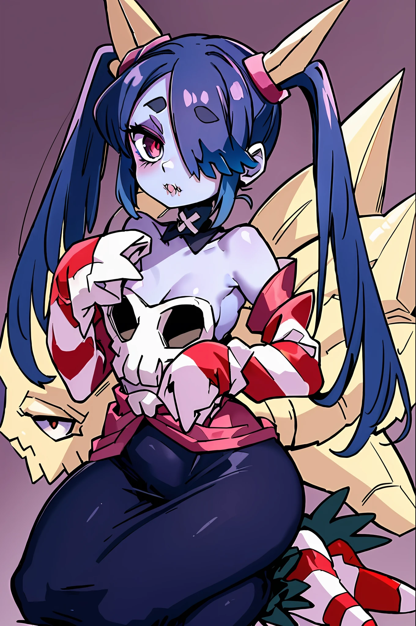 wavy, 1 , solo, small breasts, looking at viewer, bare shoulders, open sleeves, hair over one eye, red eyes, side ponytail, a ponytail, loose collar, skull, ((blue skin)), stitches, zombie, striped sleeves, stitched mouth, extremely detailed, highly detailed, perfect face, beauty, perfect eyes ((skeletal arm, vivid tails, big butt, big lips)), baggy eyes, makeup, big eyelashes, cute, adorable , serious, ((leviathan: 1.3)), full body, in lingerie, ecchi anime style, full body art, ecchi style, anime character, kneeling