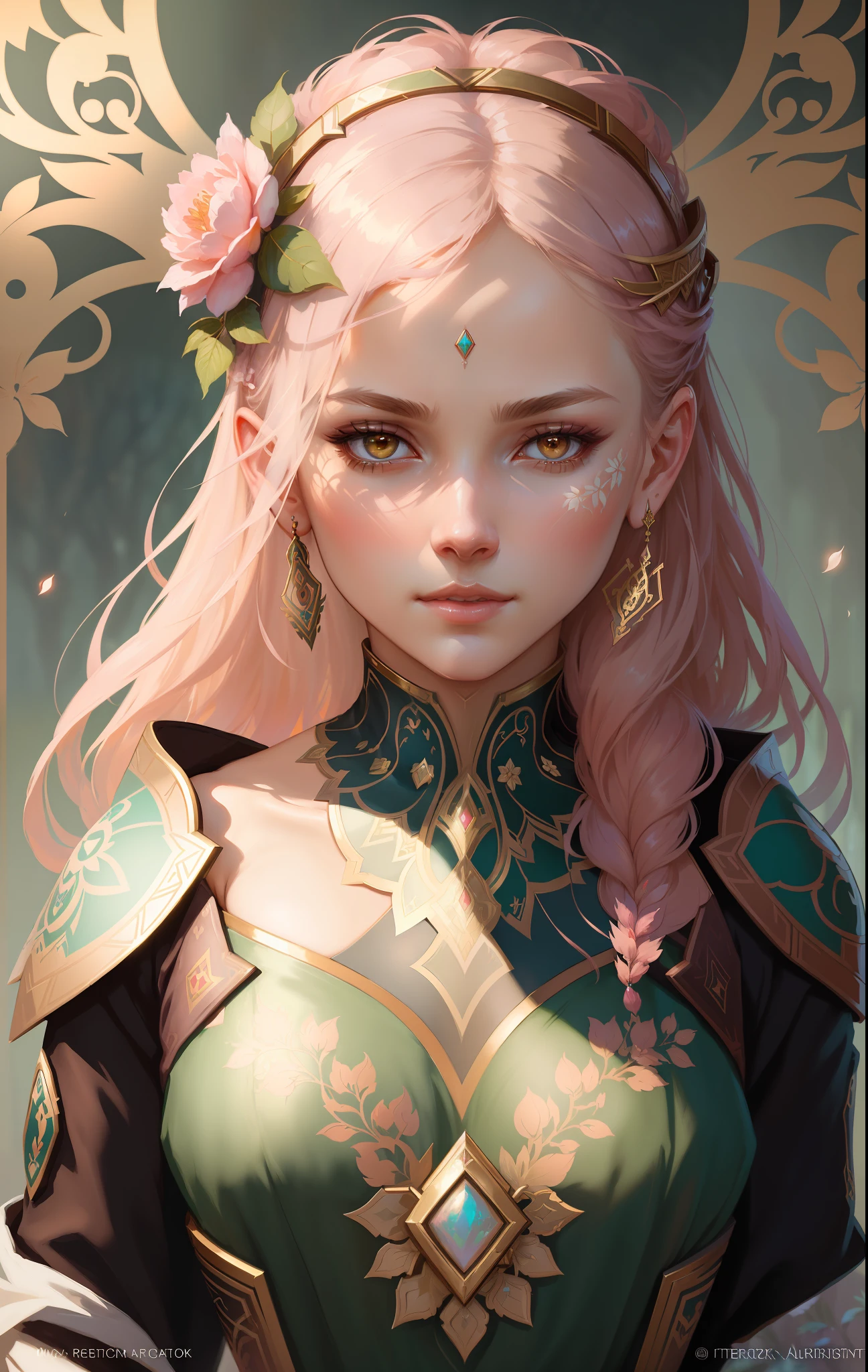 (symmetry: 1.1) (floral portrait: 1.05) a woman like a FOREST FAIRY, (assassins creed style: 0.8), pink and gold and opal color scheme, beautiful and intricate filegrid face painting, intricate, elegant, highly detailed , digital painting, arts station, concept art, soft, sharp focus, illustration, art by greg rutkowski and alphonse mucha, 8k