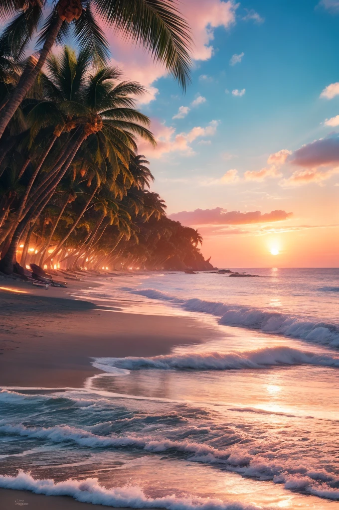 An absolutely mesmerizing sunset on the beach, with a mix of orange, pink, and yellow in the sky. The water is crystal clear, gently kisses the coast, and the white sand is endless. The scene is dynamic and breathtaking, with seagulls soaring high in the sky and palm trees swaying softly. Immerse yourself in the calm atmosphere and let the serenity surround you.