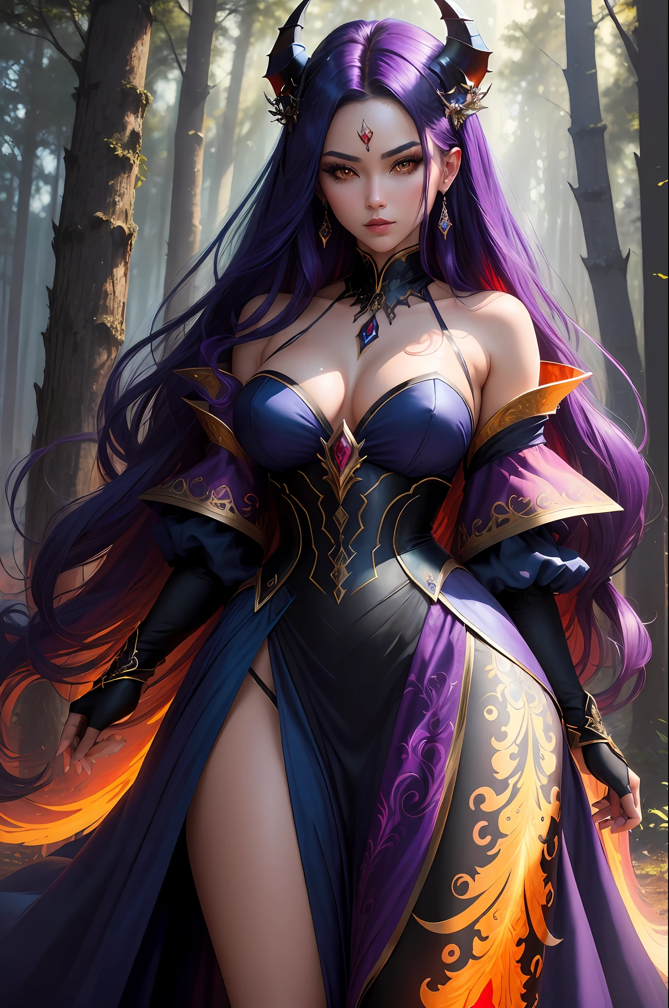 &quot;(((Masterpiece))), best quality, use of strong and striking colors, high-resolution image, Ross Tran style, a half-demon half-human woman, possessing a supernatural and enigmatic aura, deep and penetrating eyes, hair multicolored (1.3x blue, 1.2x red, 1.4x purple and 1.3x yellow), wearing fancy clothes that highlights their beauty, with a mysterious air. Imposing scenery, a gloomy forest, supernatural and magical tone. Mysterious figures can be seen around around, while his dominant and enigmatic figure stands out against it all. (Add more details if necessary)&quot;.