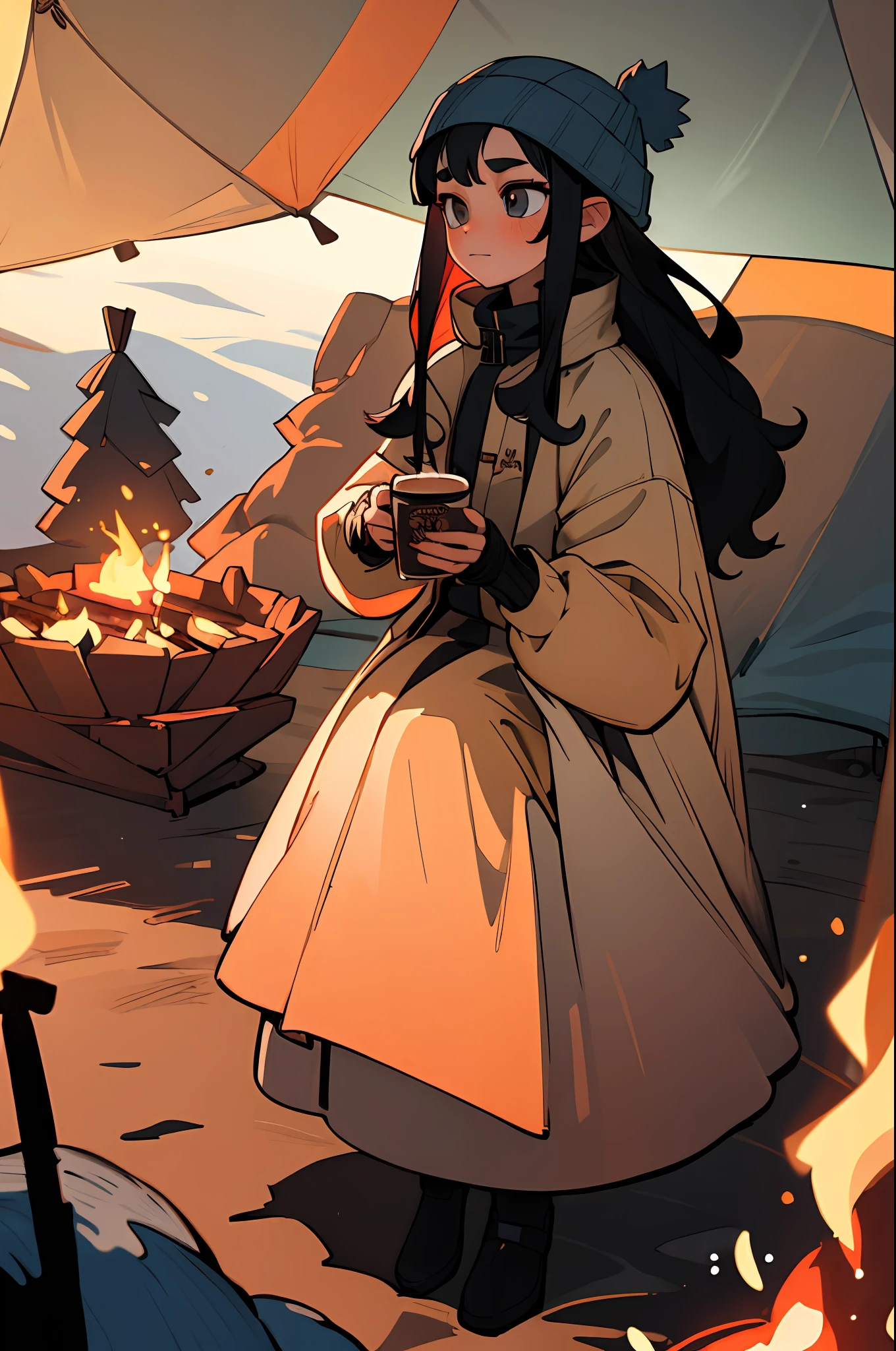 (best quality, masterpiece), 1girl, beanie, jacket, winter, straight hair, princess hair, black hair, tent, hot coffee, bonfire