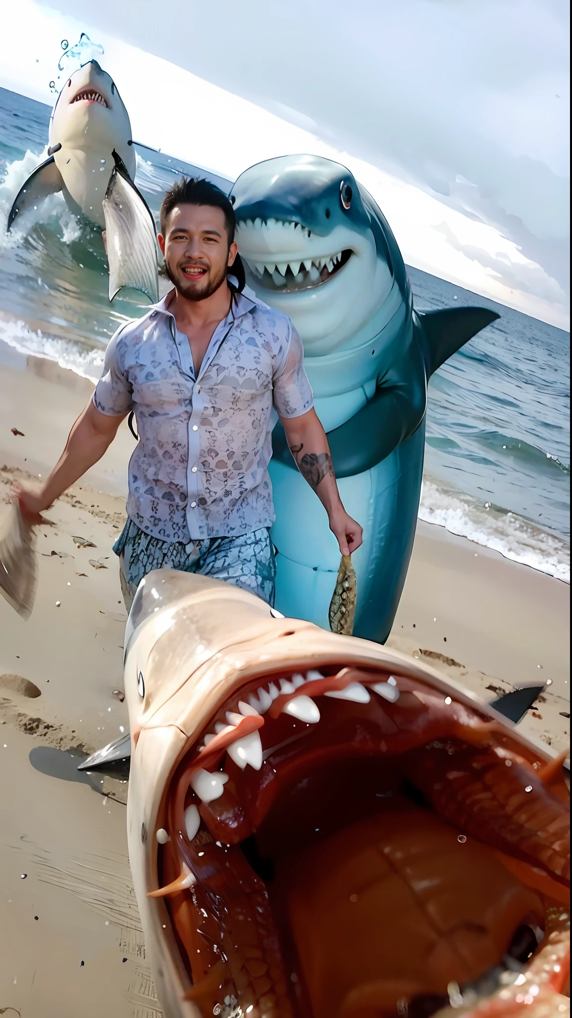there is a muscular man walking on the beach with two fish in his hands with a shark on the beach, shark anthony, fish in the bottom, my son! the jaws of a shark that bite, wereshark, half crocodile shark half man, photo taken on 2 0 2 0, half wolf half shark, michael okuda, profile photo 1024px, profile photo, real life photo, caribbean man muscular