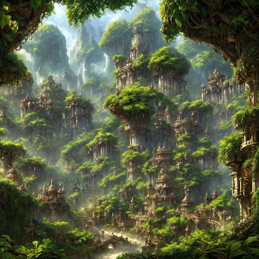 Stunning concept art for Warhammer Fantasy Battles, depicting a majestic and sprawling lizardfolk city surrounded by a lush jungle canopy. Images show intricate buildings, busy markets and bridges covered in lush vines. Artwork by Adrian Smith, Kevin Chin and Paolo Parente.