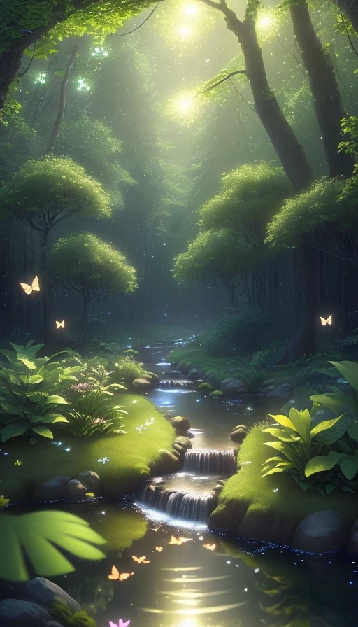 A masterpiece, the best quality, stunning reflections, the best reflections ever. (very detailed CG unity 8k wallpapers), (best quality), (best illustrations), forest theme with natural elements. Tall trees, quiet streams, glowing flowers of various colors, surrounded by delicate leaves and branches, with fireflies and glowing particle effects (natural elements), (jungle theme), (leaves), (twigs ), (fireflies), butterflies, (delicate leaves), (glow), (particle effects). , Isometric 3D, Octane Rendering, Ray Traced, Super Detailed