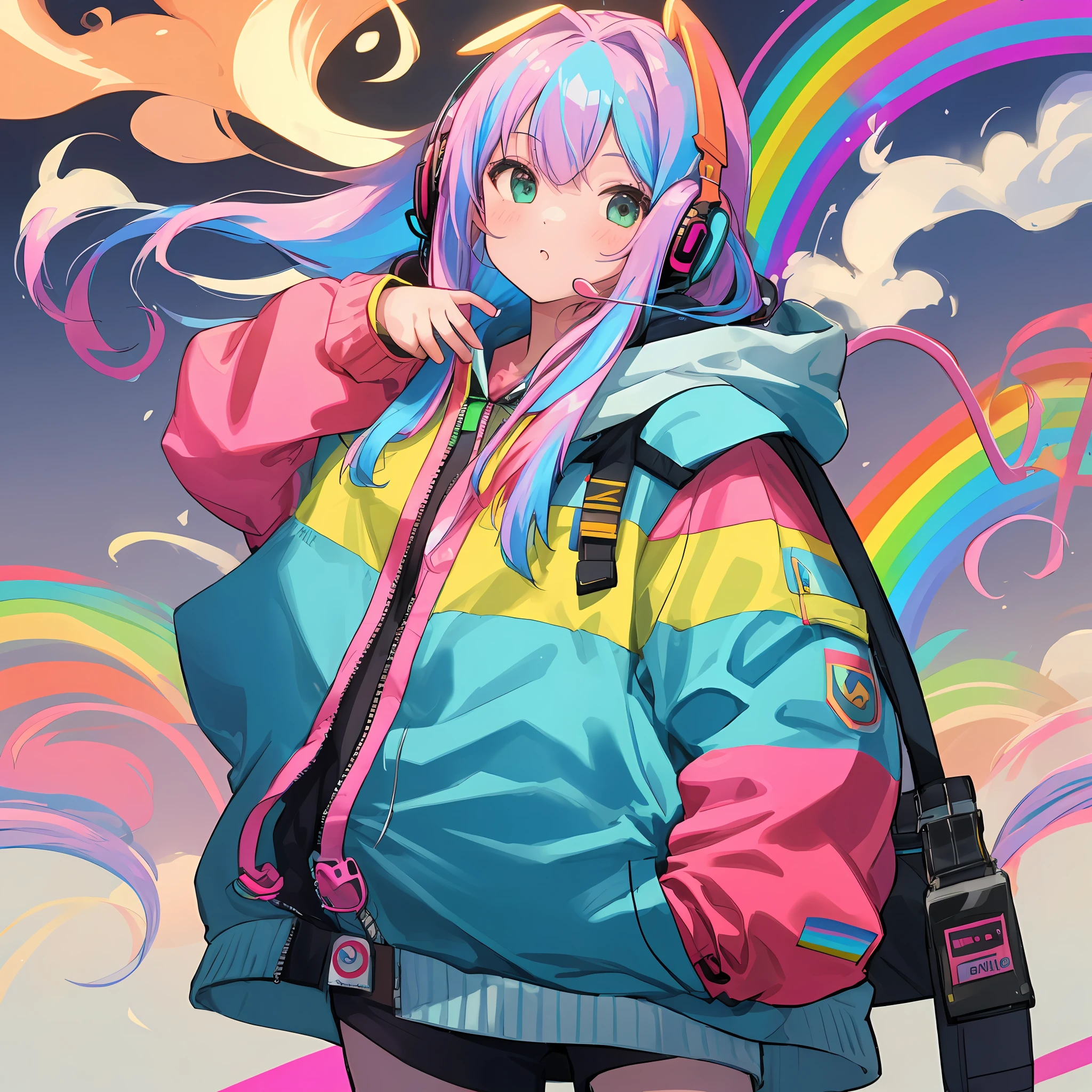 1girl,solo,rainbow hair, hoodie,straight hair, hand in pocket, headphones,  long hair,