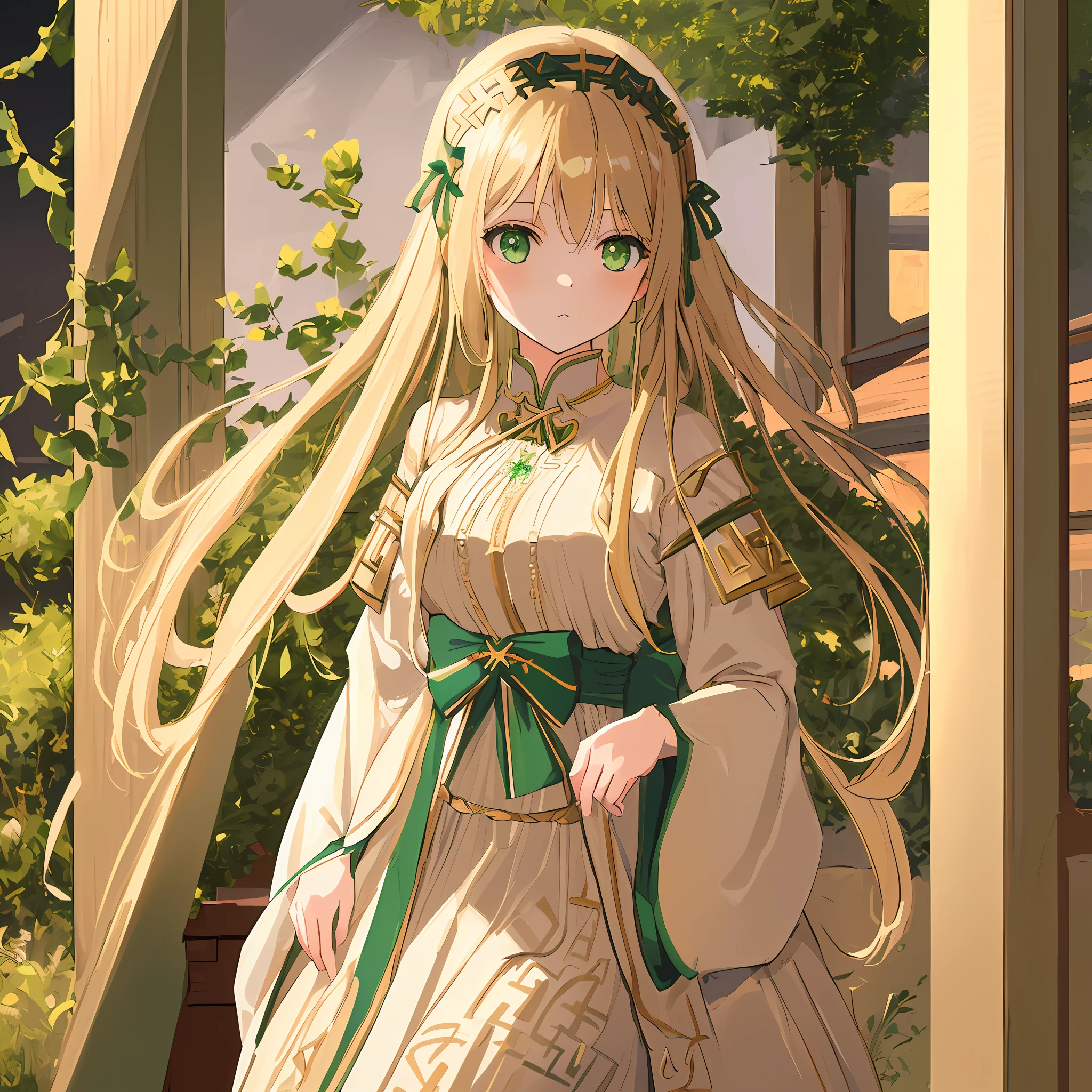 "(((absurdres))), (((best quality))), portrait, digital art, (trending on ArtStation), ((1girl)), ((green shiny eyes)), star-shaped eyes, beautiful, (beige blonde long hair), (((greek clothing))):0.9".