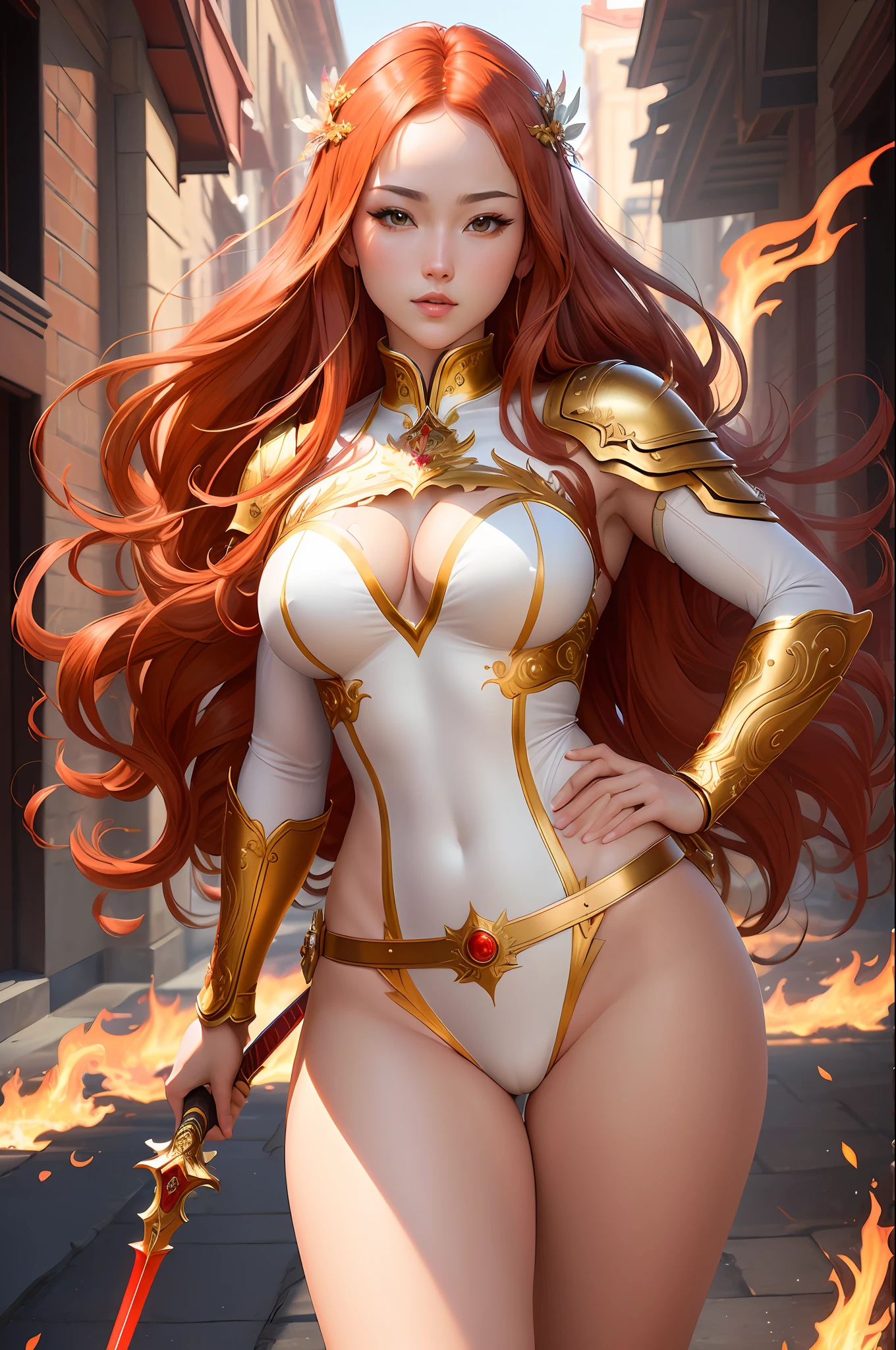 (masterpiece, best quality, ultra-detailed CG portrait, Estilo Wlop style+Stanley "Artgerm" Lau style+Sandro Botticelli style) with an extremely beautiful and delicate (fiery red-haired warrior maiden), white clothing ornate with red and gold, magnificent sword in hand, in a dynamic pose with an intense gaze and strikingly beautiful features, set against a dynamic background with a motion blur effect, vivid colors, and volumetric lighting.