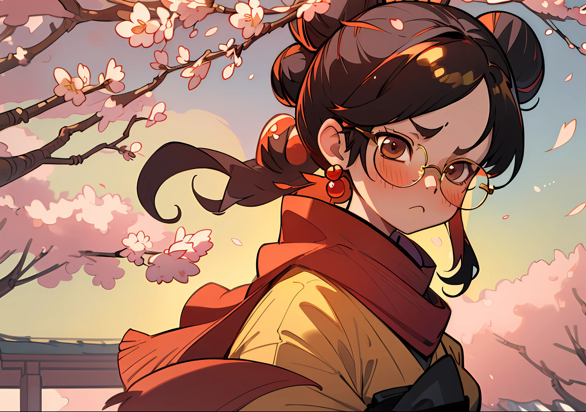 (best quality, masterpiece), 1girl, kimono, spring, bun hair, round glasses, gold glasses, princess hair, black hair, red scarf, cherry blossoms, mean, tsundere,