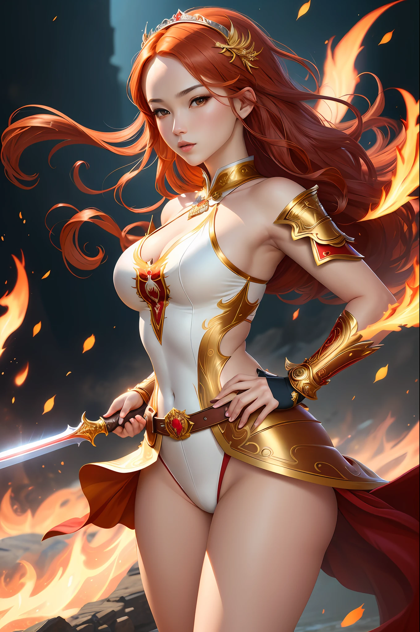 (masterpiece, best quality, ultra-detailed CG portrait, Estilo Wlop style+Stanley "Artgerm" Lau style+Sandro Botticelli style) with an extremely beautiful and delicate (fiery red-haired warrior maiden), white clothing ornate with red and gold, magnificent sword in hand, in a dynamic pose with an intense gaze and strikingly beautiful features, set against a dynamic background with a motion blur effect, vivid colors, and volumetric lighting.