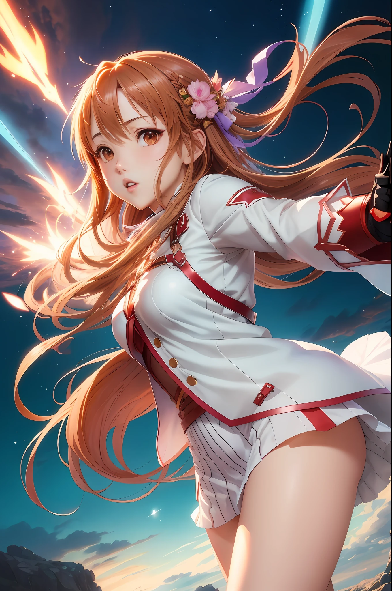 (style: anime, best quality), Asuna Yuuki from Sword Art Online in a dynamic pose with her sword, distinctive facial features, and beautiful outfit. The scene has a striking visual impact, reminiscent of the style of Oh! Great.
