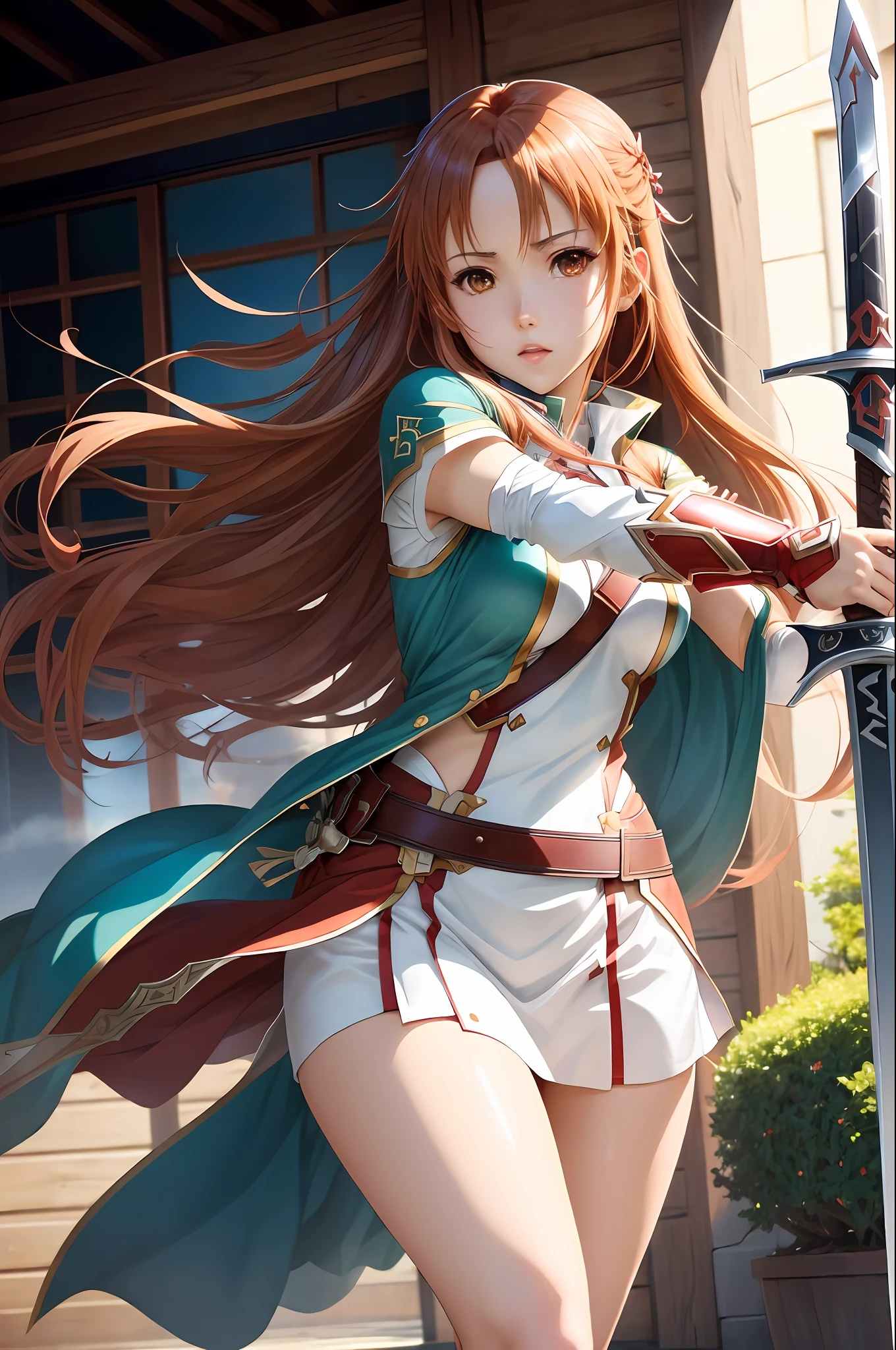 (style: anime, best quality), Asuna Yuuki from Sword Art Online in a dynamic pose with her sword, distinctive facial features, and beautiful outfit. The scene has a striking visual impact, reminiscent of the style of Oh! Great.