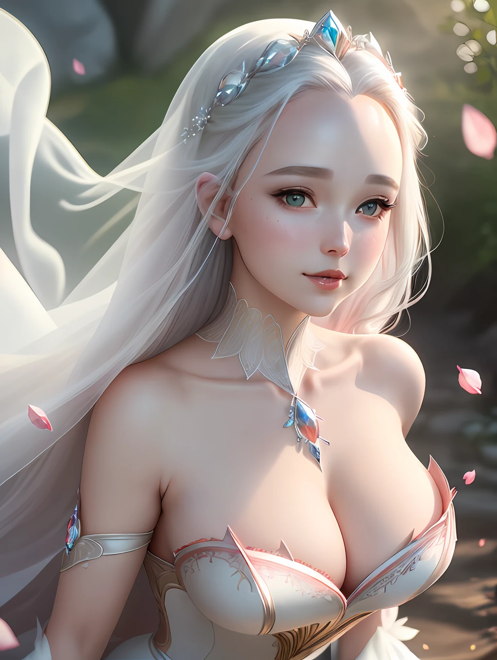 a beautiful woman, soft colors, beauty, spectacular, detailed eyes, full red mouth, crystals peeping out of the skin, shoulder-length hair, cleavage, elegant, white mist, texture, sensual, rosy cheek, red petals flying, natural neck, varied poses, white hair like a veil, crystals, realistic forehead with natural skin pores, 8K image quality. shadow curve ::+20, brightness ::-30, vibrant colors, cam Sony R7 lay lens 24mm. fantasy style