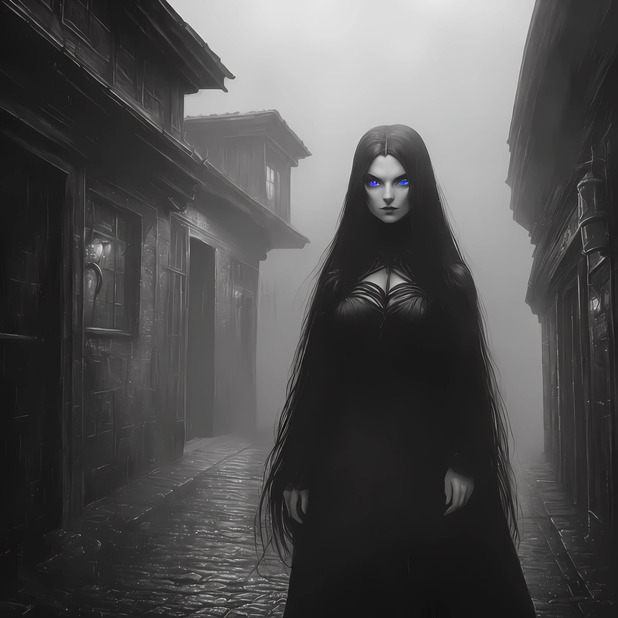 (extremely detailed, best quality) pintura a óleo de arte macabra de terror, (high contrast), (overexposure), (dark and moody), sombrio, (ocean blue eyes), (long black hair), (black dress), (black pointed nails), (standing in a dark alley), (red light source), (emitting a sinister aura):0.8, (dark clouds), (foggy atmosphere), (rain)