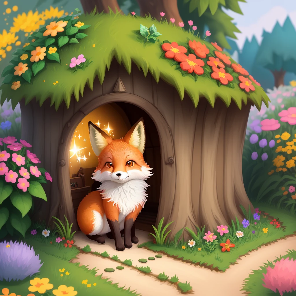 vector art of a lone cute happy fox in a fairy garden, flowers, sparkles, colorful, warm, fairy huts