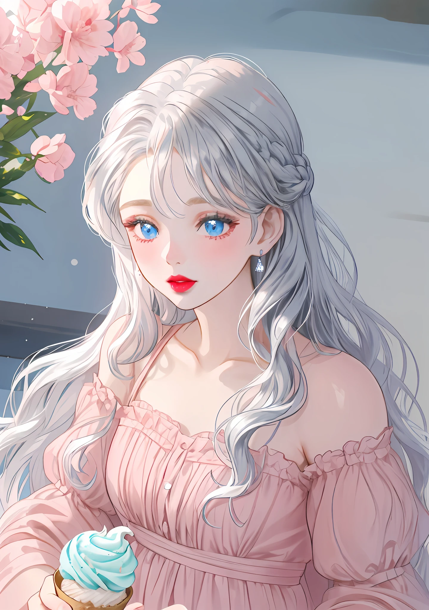 a close-up of a person holding an ice cream cone, sweet girl, woman with wavy silver hair, bangs, light blue eyes, red lips, tender pink dress, white blouse,