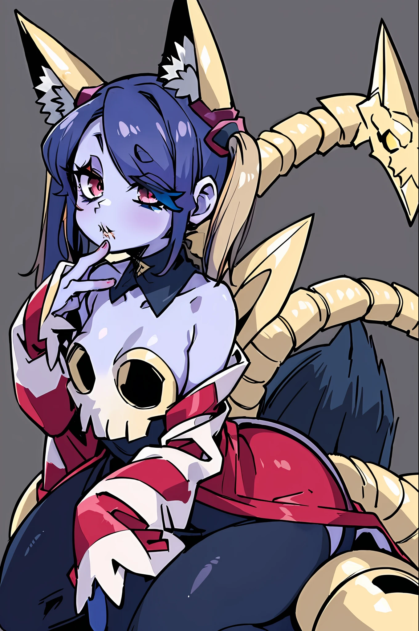 wavy, 1 li, solo, small breasts, looking at viewer, bare shoulders, open sleeves, hair over one eye, red eyes, side ponytail, a ponytail, loose collar, skull, ((blue skin)), stitches, zombie, striped sleeves, stitched mouth, extremely detailed, highly detailed, perfect face, beauty, perfect eyes ((skeletal arm, vivid tails, big butt, big lips)), baggy eyes, makeup, big eyelashes, cute, adorable , serious, ((leviathan: 1.3)), full body, in lingerie, ecchi anime style, full body art, ecchi style, anime character, kneeling
