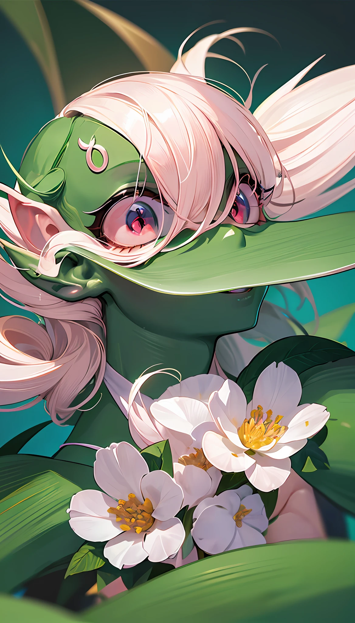 A masterpiece, a kind of (piranha) elf, light green body, pink flowers and leaves, white teeth, pointed ears, enchanting, confusing, --v 6