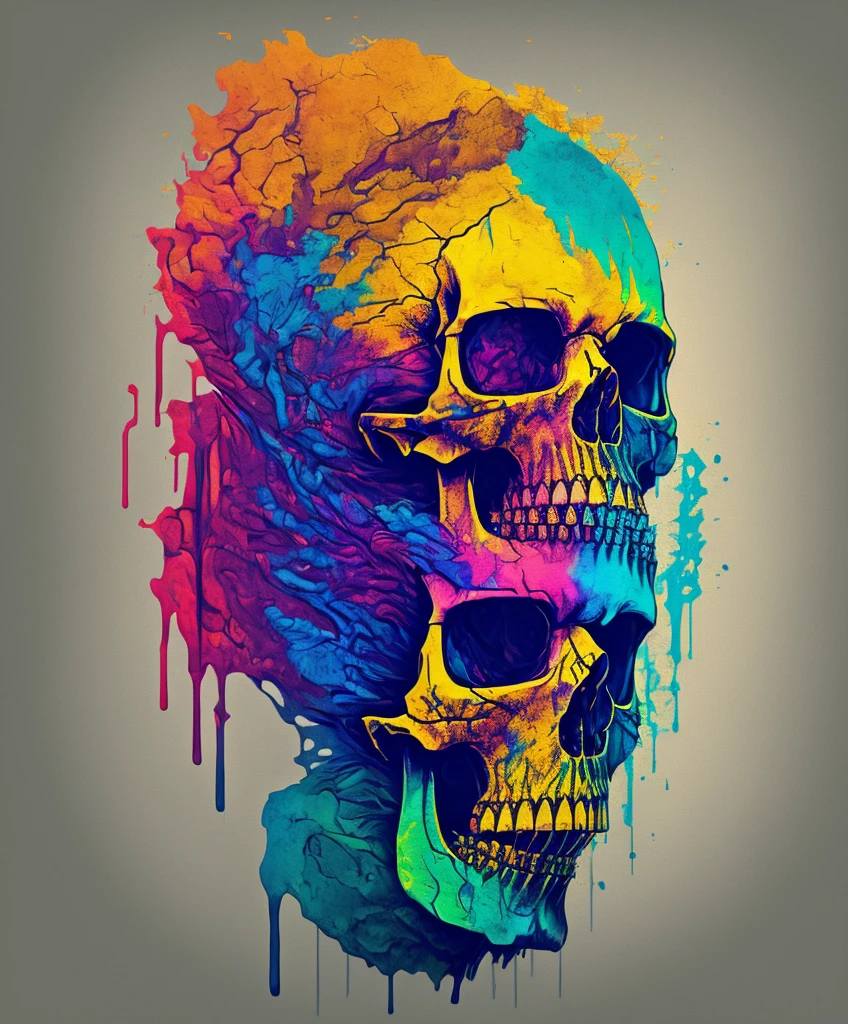 (a portrait of Cyberpunk Skull with fluid colored l:1), t-shirt logo in tapered thin outline style, orthographic view, artwork in (empty background:1.4)rain in the background