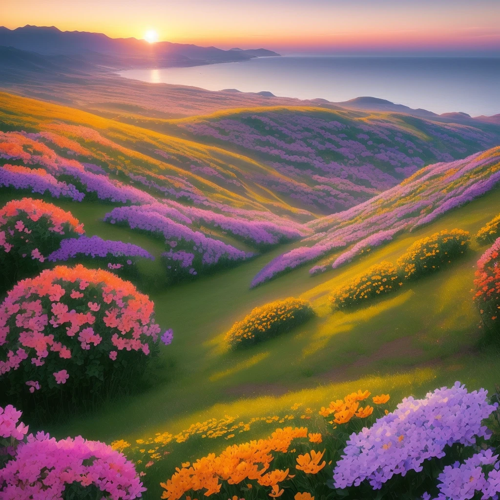 (movie-like scenery, picturesque, colorful, (many flowers of different kinds), horizon, sunset):0.8