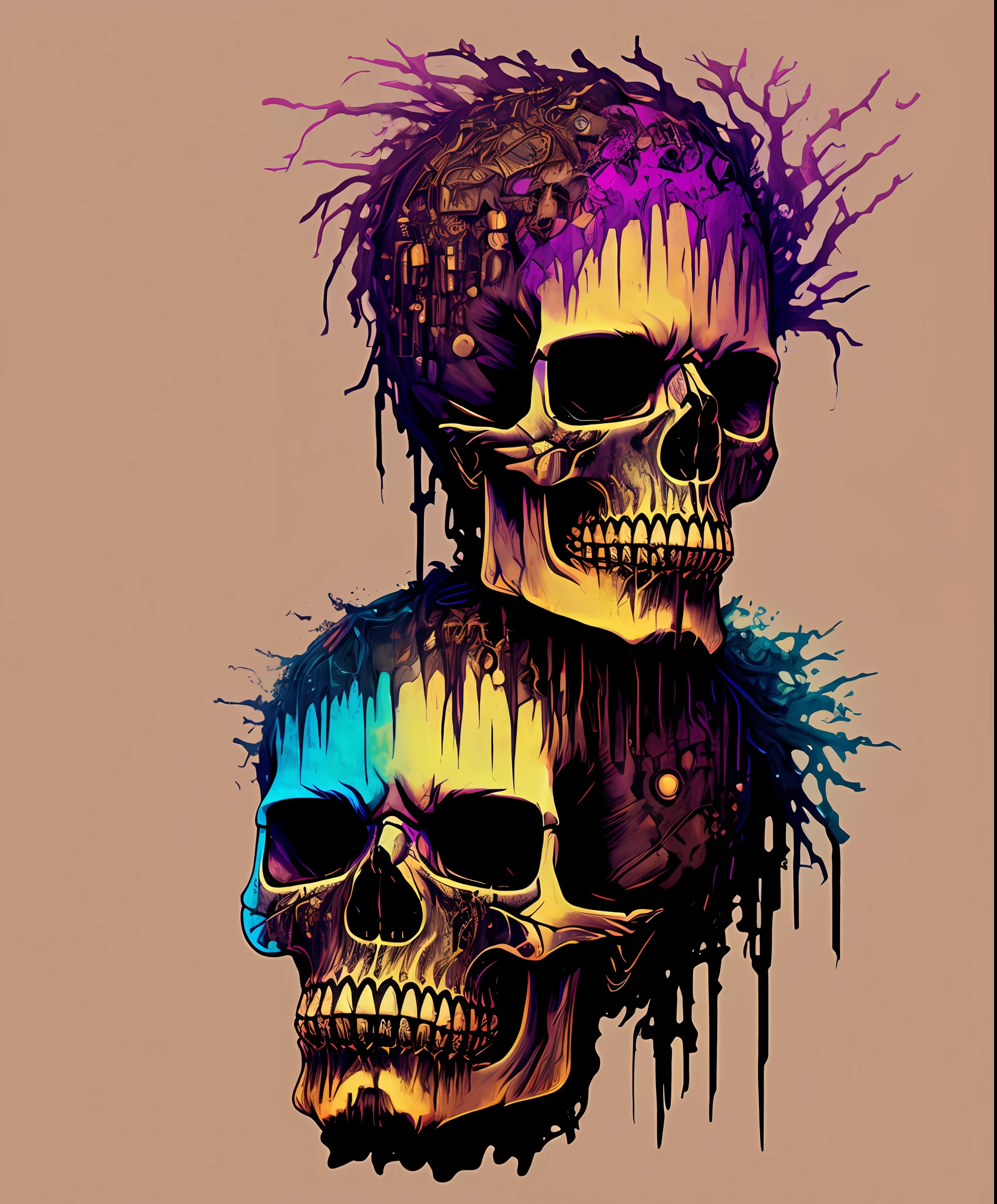 (a portrait of Cyberpunk Skull with fluid colored l:1), t-shirt logo in tapered thin outline style, spell vision, artwork in (empty background:1.4)wearing glasses