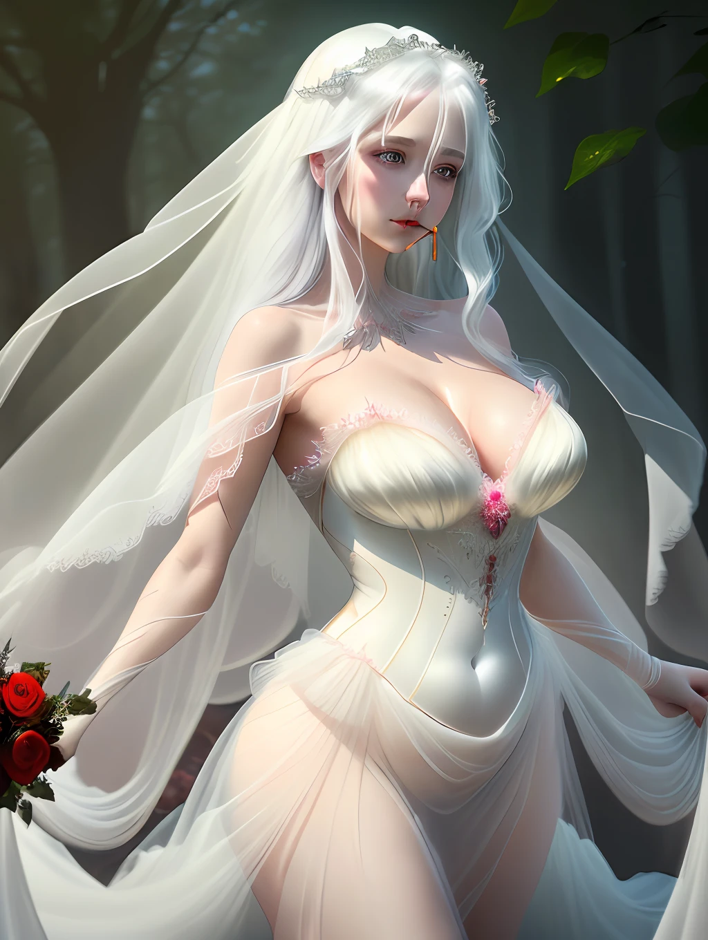 a beautiful woman, soft colors, tulle fabric, translucent, spectacular, detailed eyes, red and full mouth, long hair like mist flying, , elegant, white mist, texture, sensual, rosy cheek, red petals flying, natural neck, poses variegated, veil-white hair, crystals, realistic texture with natural skin pores, 8K image quality. shadow curve ::+20, brightness ::-30, vibrant colors, cam Sony R7 lay lens 24mm. fantasy style