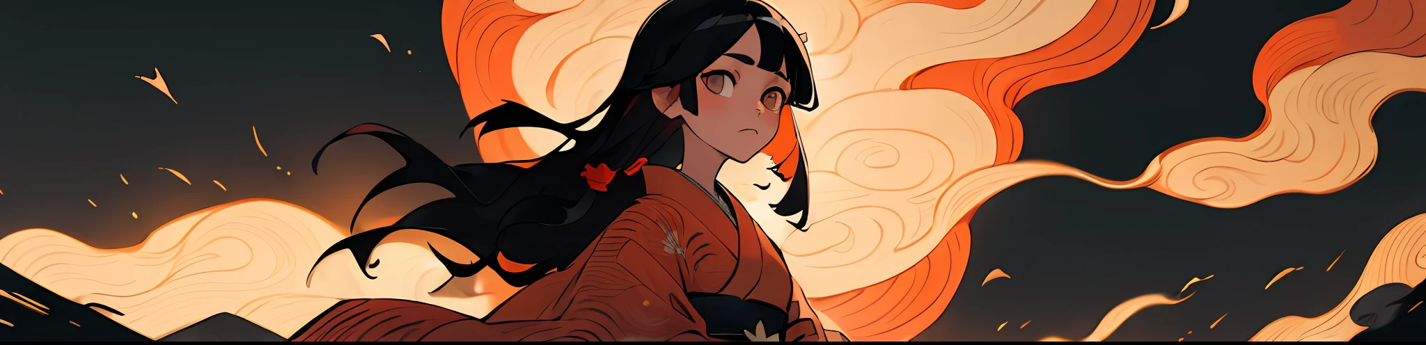 (best quality, masterpiece), 1girl, kimono, ukiyo-e, black hair, straight hair, princess hair, bonfire