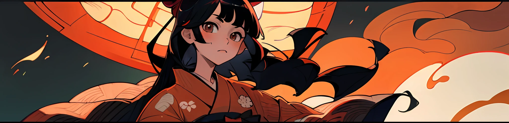 (best quality, masterpiece), 1girl, kimono, ukiyo-e, black hair, straight hair, princess hair, bonfire