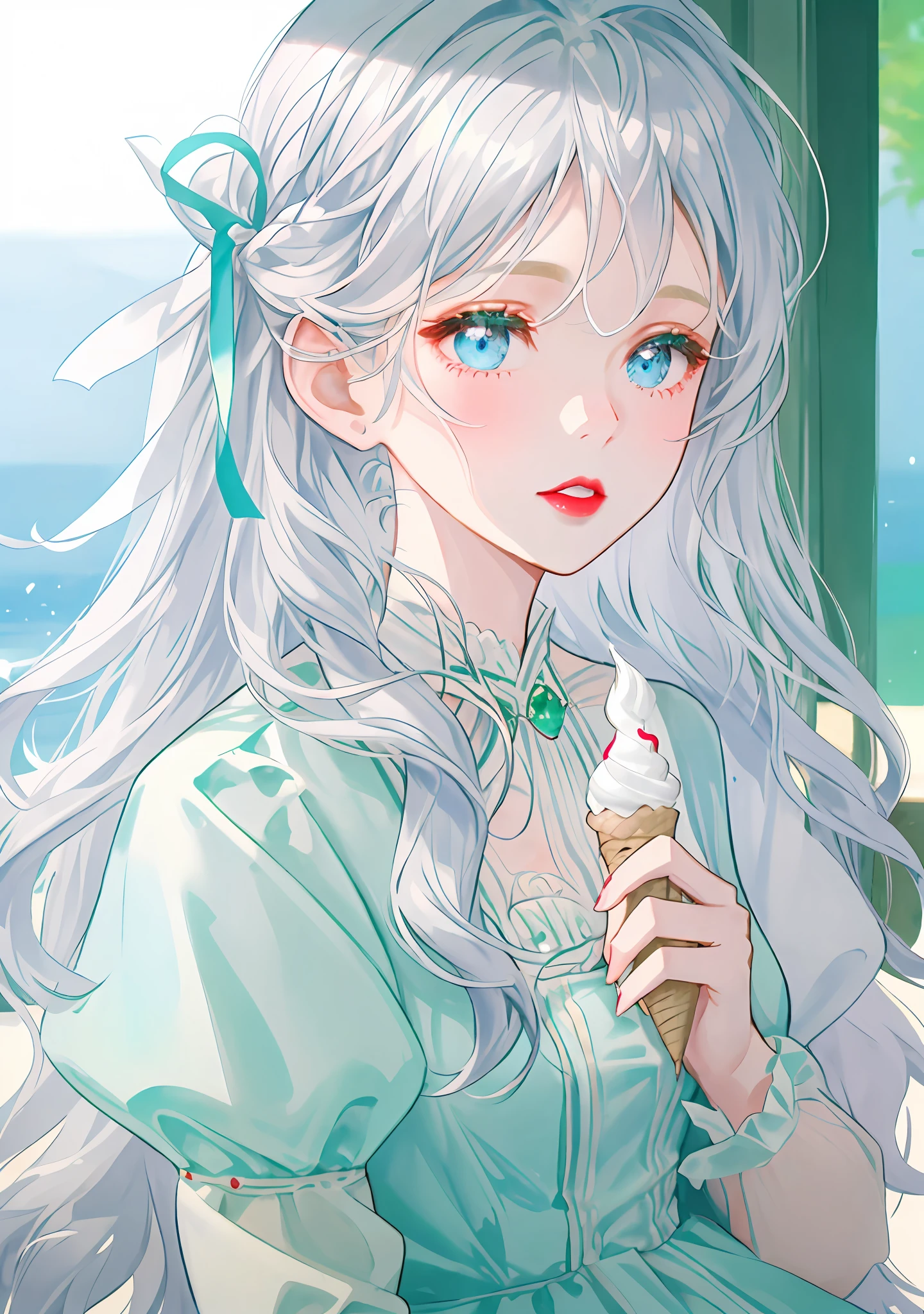 a close-up of a person holding an ice cream cone, sweet girl, woman with wavy silver hair, bangs, light blue eyes, red lips, tender green dress,