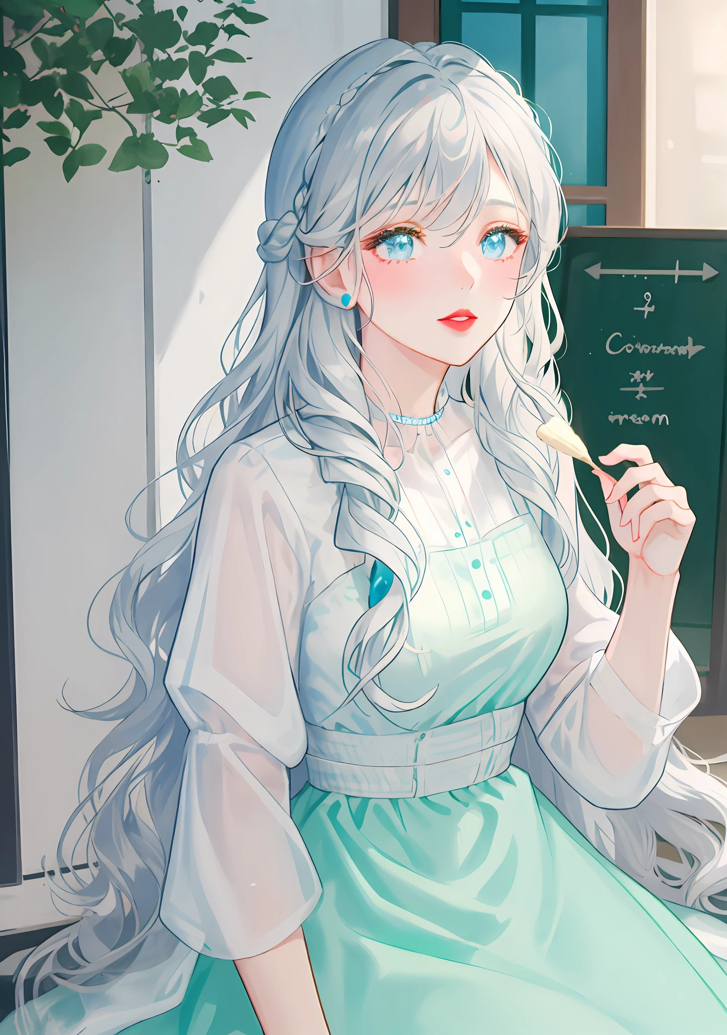 a close-up of a person holding an ice cream cone, sweet girl, woman with wavy silver hair, bangs, light blue eyes, red lips, tender green dress,