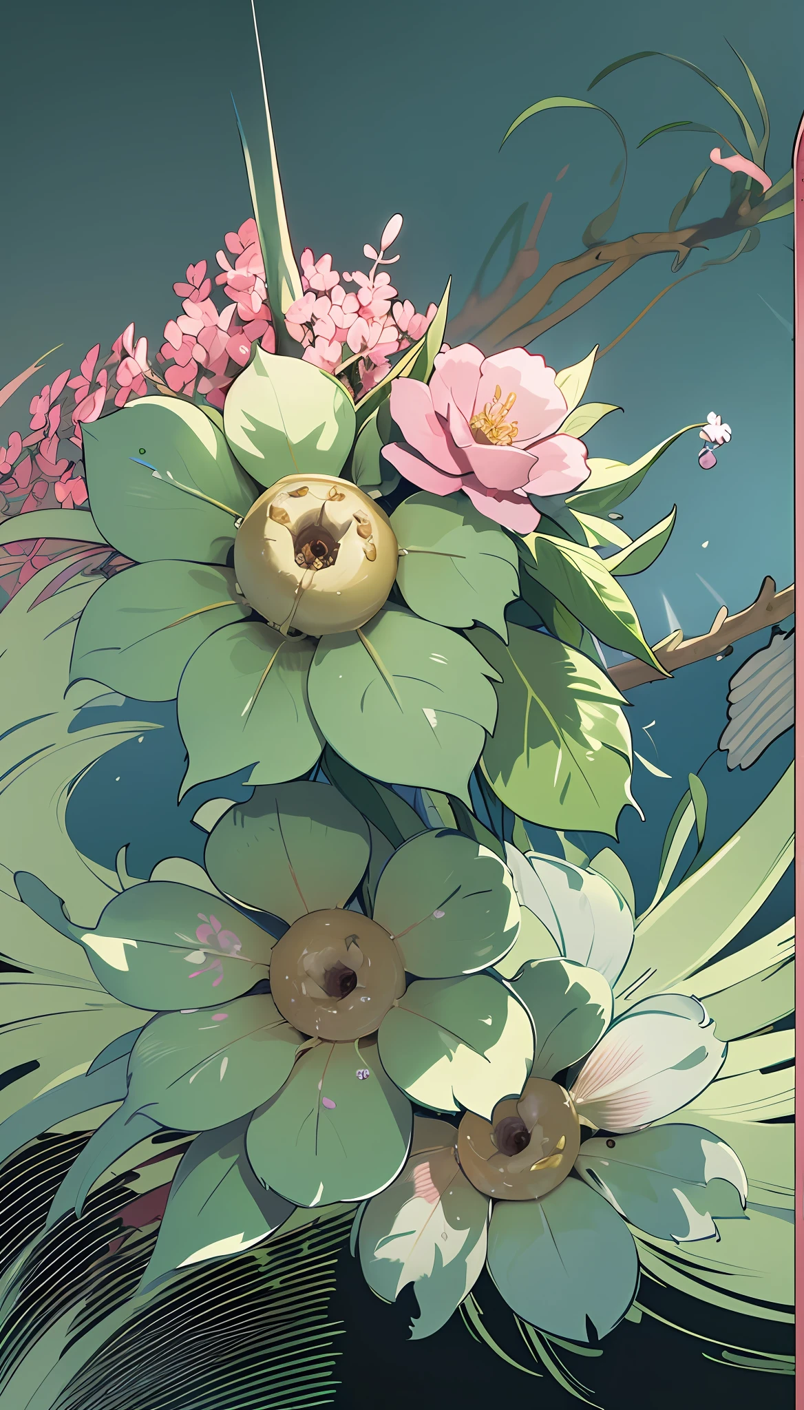 A masterpiece, a masterpiece, a kind of (piranha) elf, light green body, pink flowers and leaves, enchanting, confusing, --v 6