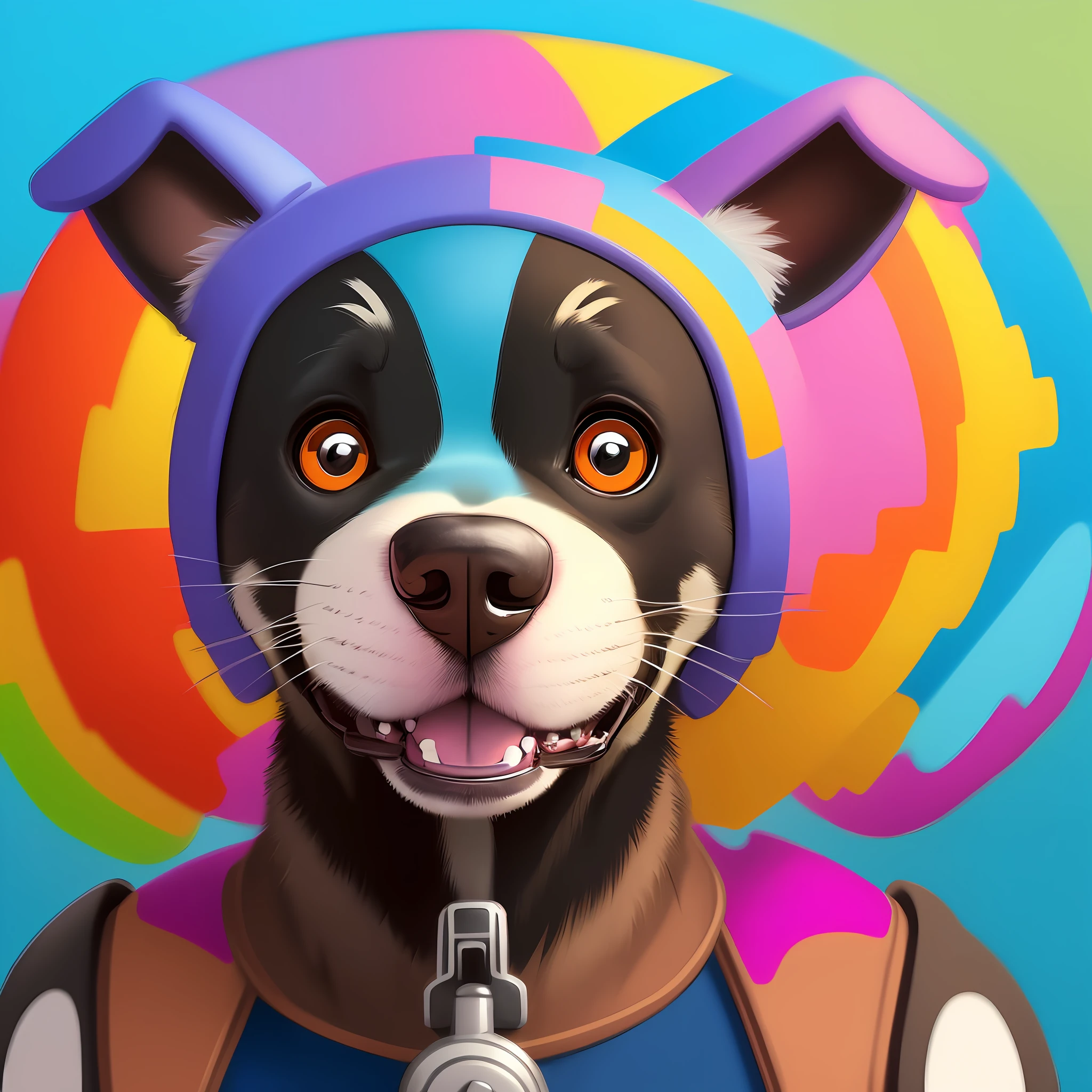 ((best quality, cartoon, front view, portrait)), happy dog with mechanical face part, colorful, vibrant colors, digital art