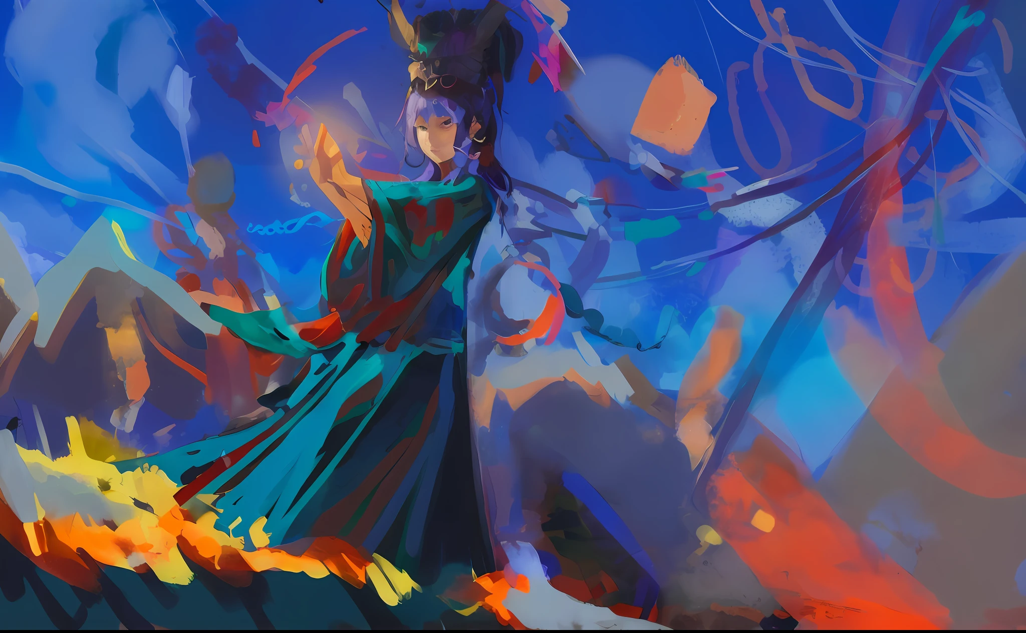 Woman in green dress, anime style 4k, from the east, colorful digital painting, drawing in anime painter studio, anime abstract art, anime art wallpaper 8k, made by anime painter studio, anime style digital art, anime fantasy Illustration, expressive digital painting, anime style artwork, oriental characters, digital anime illustration, Miao traditional costumes, ethnic costumes, (old and tired), light and shadow
